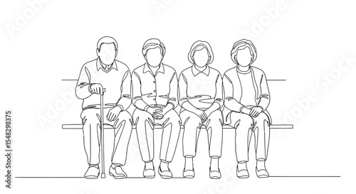 Four Seniors Sitting on a Bench, Continuous Line Drawing