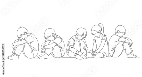 Four Children Sitting Alone, Depressed Line Art Illustration