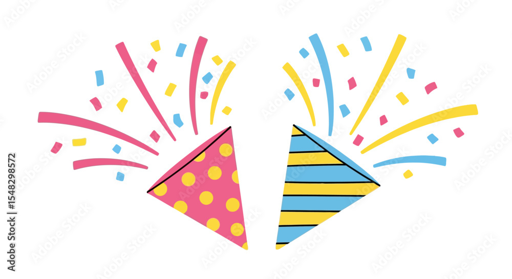 Fototapeta premium Two Colorful Party Poppers Exploding with Confetti: Pink polka dot and blue striped cones