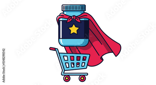 Superhero Supplement Jar with Red Cape and Shopping Cart