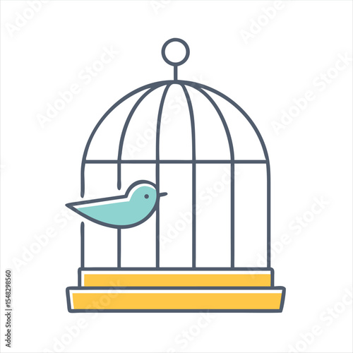 Illustration of a colorful bird inside a classic birdcage design