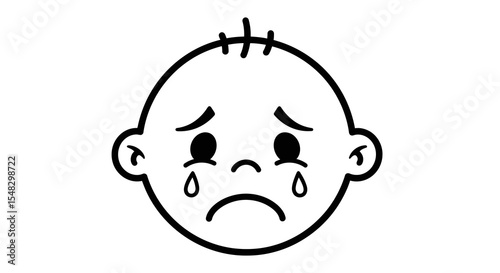 Cartoon Baby Face Icon: Sad, Crying Expression, Black Outline