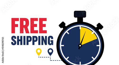 Fast Free Shipping: Yellow and Blue Stopwatch with Location Pins Illustrating Quick Delivery
