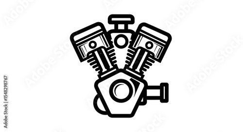 Schilderij op canvas V-Twin Engine Illustration: Black and White Line Art of a Powerful Motorcycle En