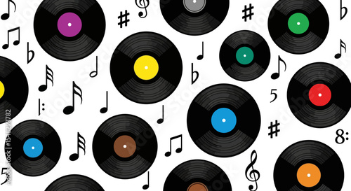 Vinyl Records Pattern with Colorful Labels and Musical Notes on White Background