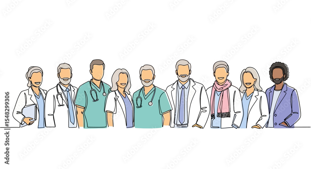 Diverse Medical Team Illustration: Doctors and Nurses in Continuous Line Art Diverse Medical Team Illustration: Doctors and Nurses in Continuous Line Art
