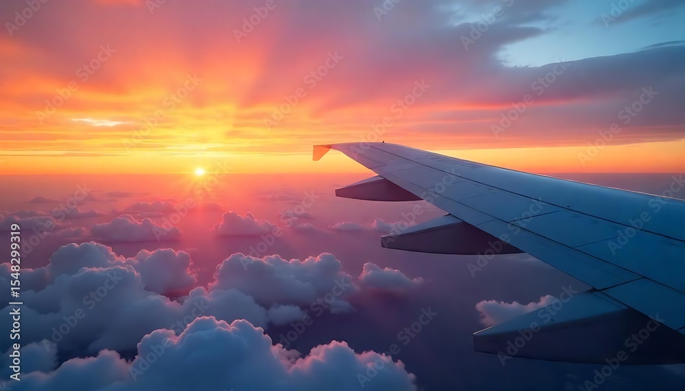 Fototapeta premium Sunset Wing ViewFlight at DuskPink Sky FlightGolden Hour CloudsSpring Sunset FlightWing in Sunset GlowAerial Evening LightCumulus & Color SkyPeaceful Sunset Flight