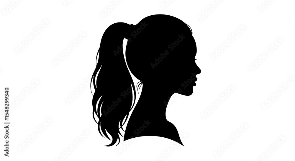 Elegant Black Silhouette of a Woman with Ponytail, Side Profile Elegant Black Silhouette of a Woman with Ponytail, Side Profile