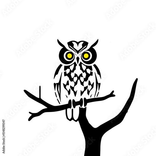 Stylized Vector Illustration Owl on Tree Branch with Yellow Eyes Graphic Design Element Black White Animal Bird Symbol