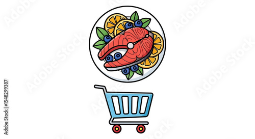 Grilled Salmon Fillet with Orange Slices and Blueberries on a Plate, Above a Shopping Cart