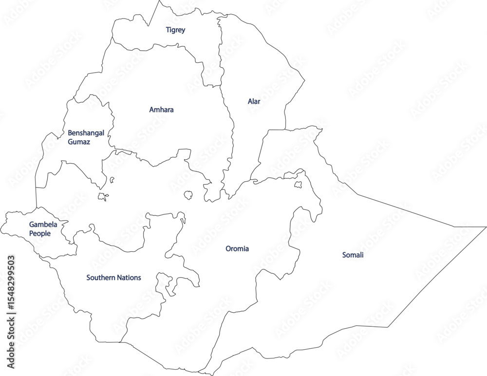 Obraz premium Map of Ethiopia with Labeled Regional States and Boundaries 