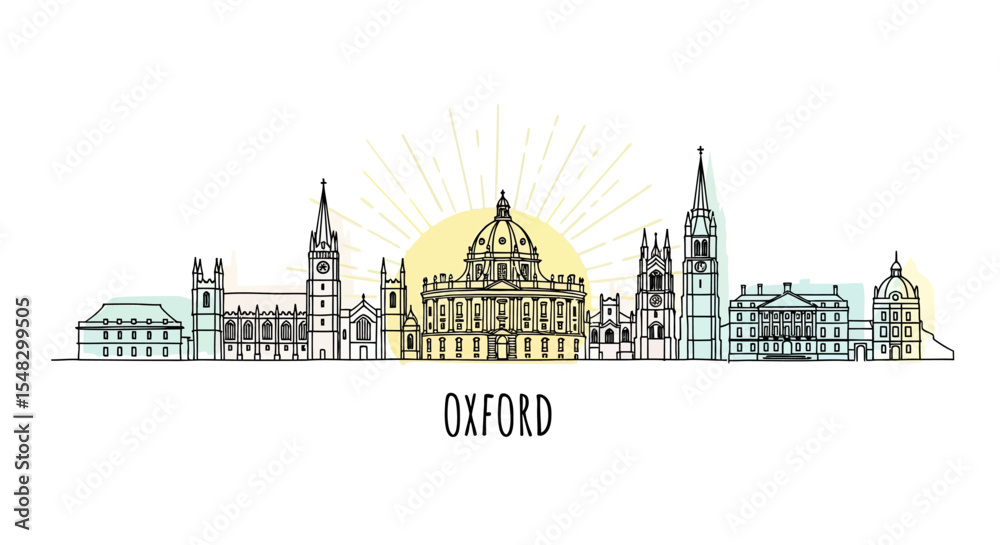 Fototapeta premium Oxford Skyline Illustration with Architectural Landmarks and Sunburst Design