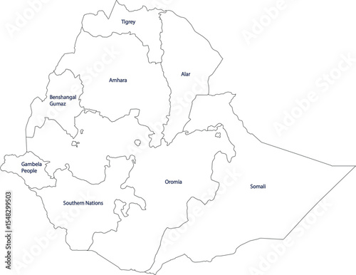 Map of Ethiopia with Labeled Regional States and Boundaries 