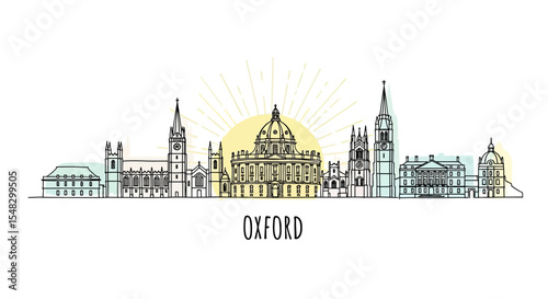 Oxford Skyline Illustration with Architectural Landmarks and Sunburst Design