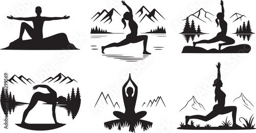 Six Black Silhouettes Yoga Poses Mountain Lake Landscape Background white
