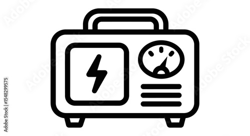 Portable Power Generator Icon: Black Outline Illustration of a Retro-Style Electrical Generator with a Lightning Bolt Symbol and Gauge