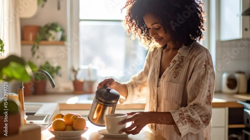 Sunlight streams into a bright kitchen A woman pours tea into a cup She smiles contentedly near greenery and open windows in her cozy home