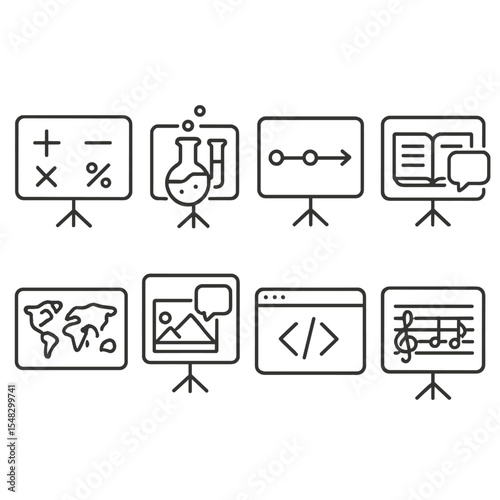Academic Subjects Icons. Line style icons of academic subjects in presentation: math symbols slide, science lab diagram, history