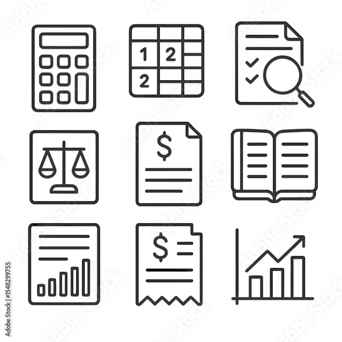 Accounting Icon Set. Line style icons of accounting and auditing: calculator, spreadsheet with numbers, audit checklist, balance