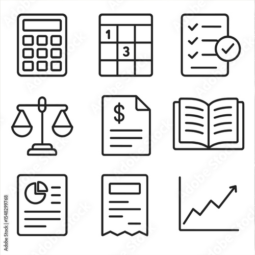 Accounting Icon Set. Line style icons of accounting and auditing: calculator, spreadsheet with numbers, audit checklist, balance