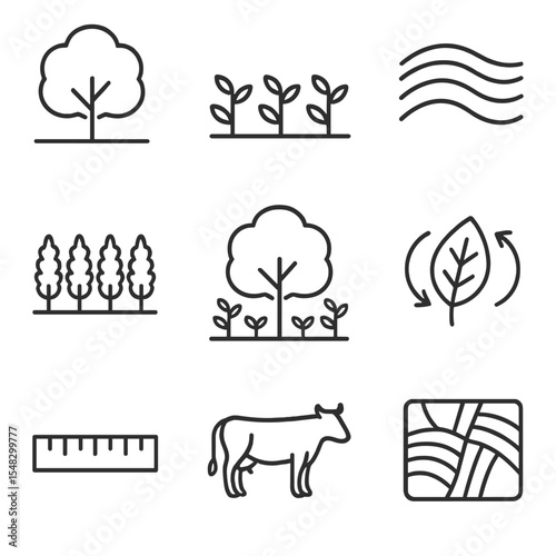 Agroforestry Icon Set. Outline style icons of Agroforestry Layout: shade tree, crop row, contour lines, windbreak hedge, alley