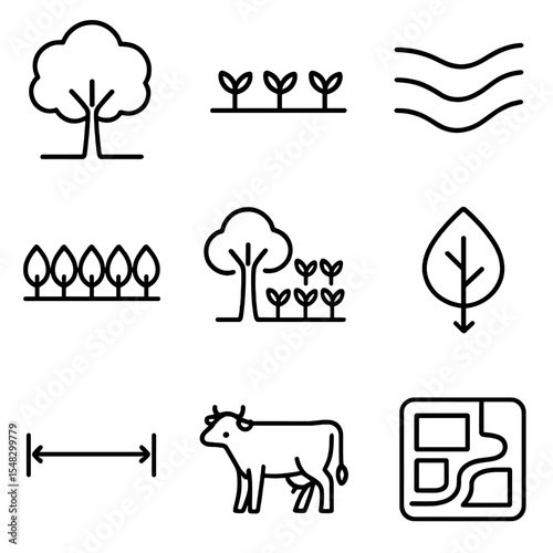 Agroforestry Icon Set. Outline style icons of Agroforestry Layout: shade tree, crop row, contour lines, windbreak hedge, alley