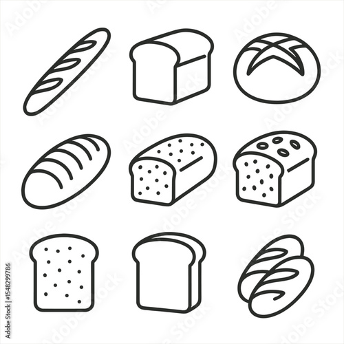 Line Art Bread Icons. Line style icons of bread and loaves: baguette, sandwich loaf, sourdough round, whole wheat bread, ciabatta,