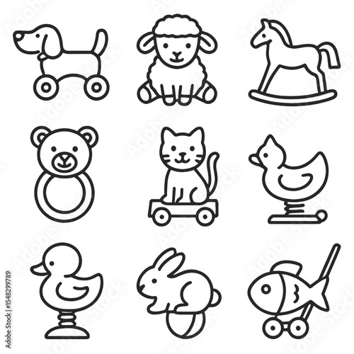 Animal Toy Icons. Line style icons of animal-shaped toys: wooden dog on wheels, plush lamb, metal horse figurine, bear rattle, cat