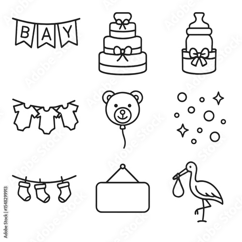 Baby Shower Icons. Line style icons of baby shower decor: baby banner, diaper cake icon, baby bottle centerpiece, onesie garland,