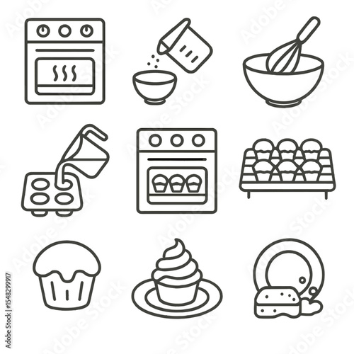 Baking Process Icons. Line style icons of baking process stages: preheating oven, measuring ingredients, mixing batter, filling