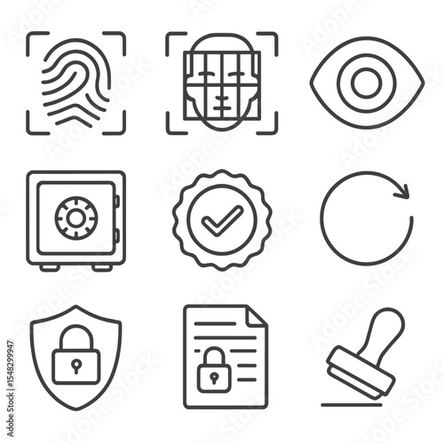 Biometric Payment Icons. Outline style icons of Biometric Payment Authentication: fingerprint sensor, face ID grid, iris scan lens