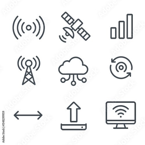 Broadcast Signal Icons. Line style icons of broadcast signal and network: radio wave icon, satellite beam, signal bars, antenna