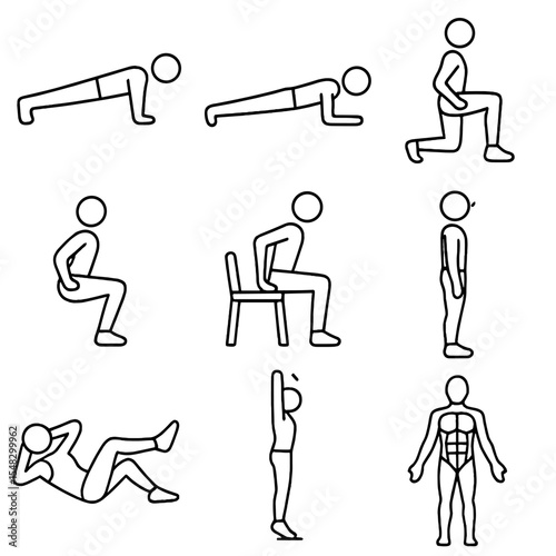 Bodyweight Exercise Icons. Outline style icons of Body-Weight Exercise Guide: push-up hands, plank pose, lunge step, squat stance,