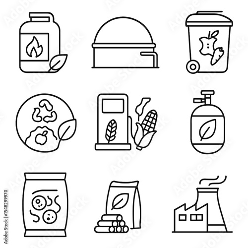 Bioenergy Line Icons. Line style icons of bioenergy: biomass fuel icon, biogas tank, organic waste bin, compost energy icon, corn