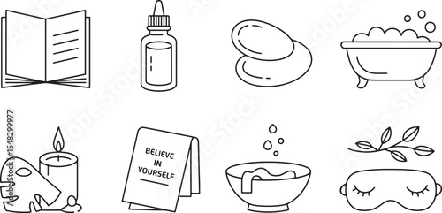 Ten Black Line Art Icons Set Self Care Spa Bath Relaxation Wellness Book Candle Face Mask white