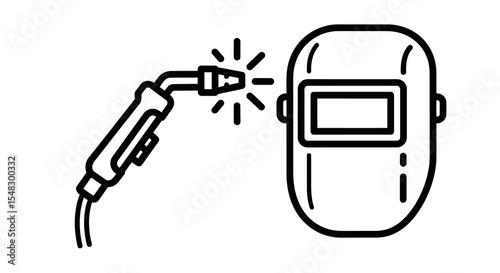 Welding Mask and Torch Icon with Sparks in Black Outline Style