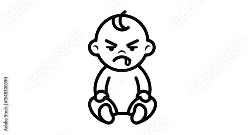 Cartoon Angry Baby with Drool, Black Outline on White Background