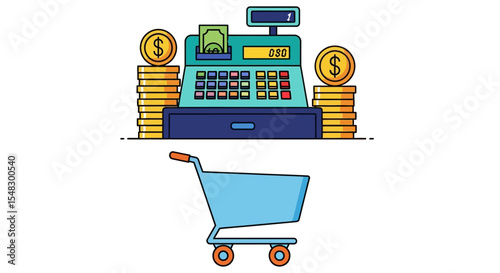 Colorful Vector Illustration of a Cash Register with Money and Shopping Cart