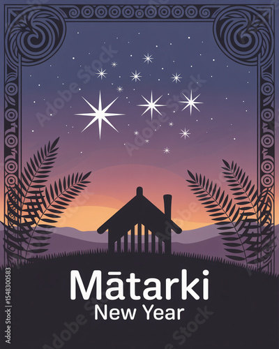 Māori New Year celebration, with stars shining over a traditional Māori meeting house (wharenui), vector illustration