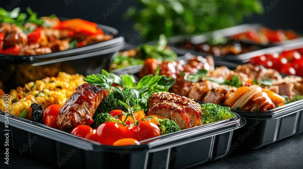 Fototapeta premium An assortment of gourmet dishes presented in elegant takeout containers, showcasing a delicious array of colors and textures, perfect for food lovers and culinary enthusiasts.
