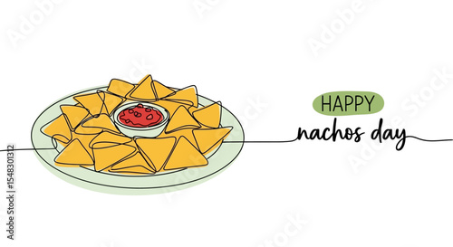 Single-Line Drawing of Nachos with Salsa on a Plate ? Happy Nachos Day
