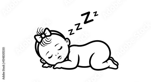 Sleeping Baby Girl Illustration: Black Outline, Bow, Zzz's