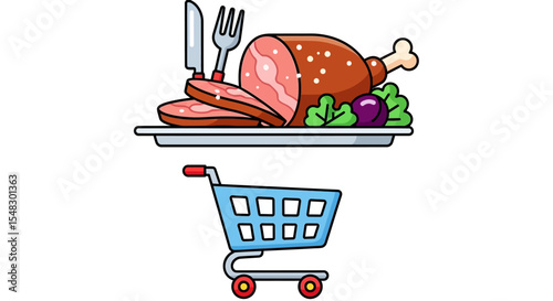 Sliced Roast Meat and Vegetables on Tray, Shopping Cart Icon