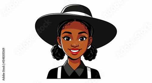 Smiling Black Girl Cartoon Avatar with Wide-Brimmed Black Hat and Dark Hair Buns