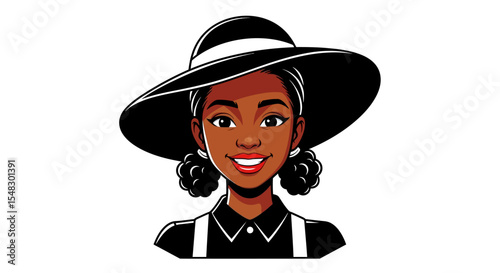 Smiling Black Woman in Wide-Brimmed Black Hat and Black Collared Shirt