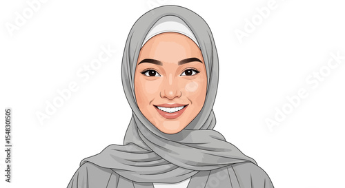 Smiling Muslim Woman in Grey Hijab, Caricature Style Portrait