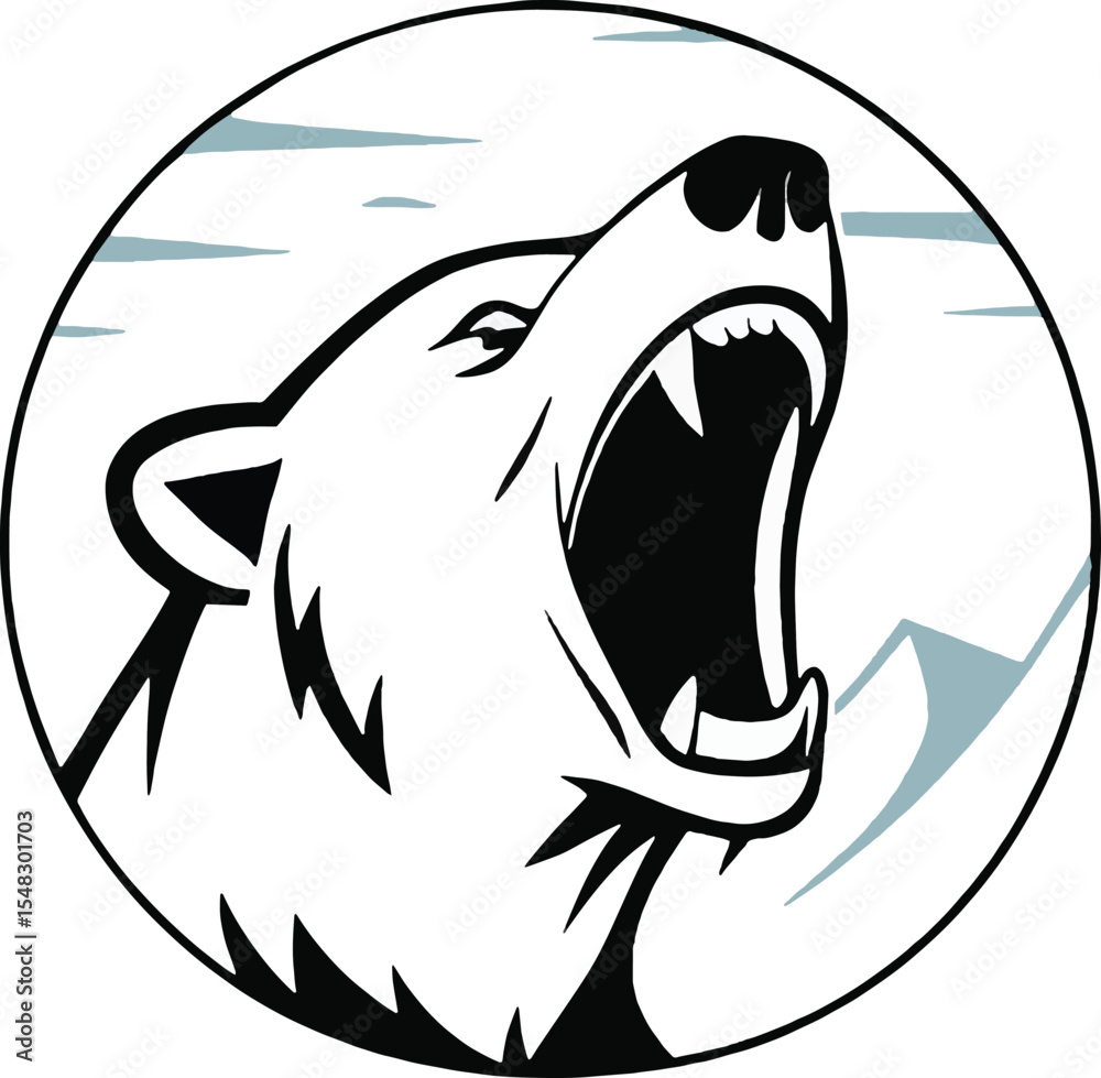 Naklejka premium Close-up roaring bear head inside circular frame with mountain background. Perfect for bold wildlife branding, adventure product logos, and predator-themed graphics.