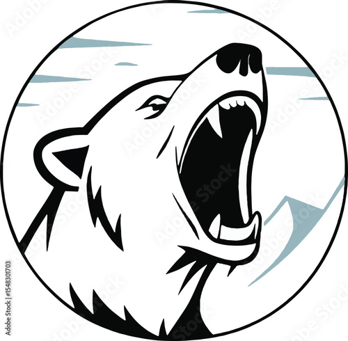 Close-up roaring bear head inside circular frame with mountain background. Perfect for bold wildlife branding, adventure product logos, and predator-themed graphics.