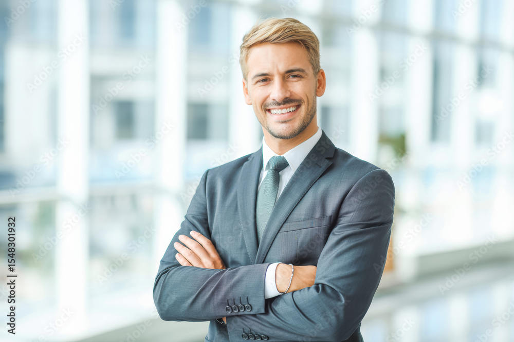 A confident man in a business suit stands in a modern office setting, smiling with arms crossed. The bright, blurred background highlights professionalism and success. Ideal for corporate themes. A confident man in a business suit stands in a modern office setting, smiling with arms crossed. The bright, blurred background highlights professionalism and success. Ideal for corporate themes.