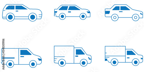 Car icons set. The car from different sides. Side view, back, front, bottom, inside. linear icon collection. Line with editable stroke.  Design EPS 10 